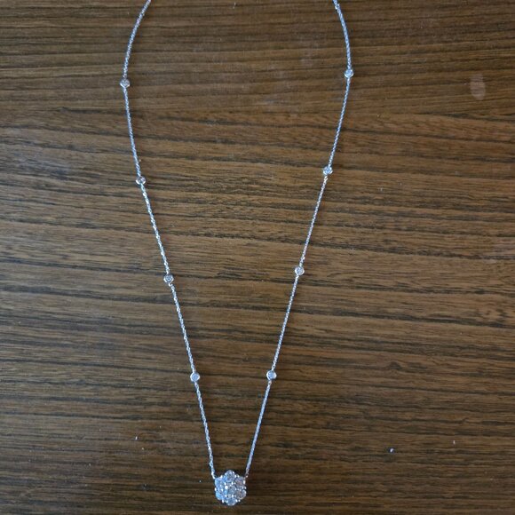 14K Gold Genuine Diamond Station Necklace with Diamond Cluster Flower Pendant - Picture 2 of 6